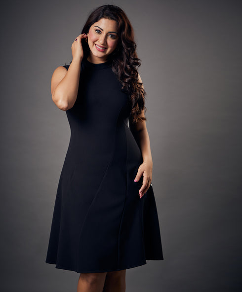 Slanted Panel Skater Black Dress